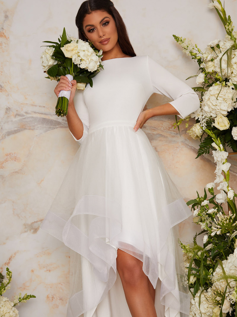 Biele svadobné šaty s tylovým spodným lemom a 3/4 rukávmi 309C
