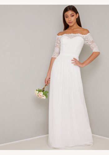 Biele dlhé svadobné čipkované bardot šaty 0311C