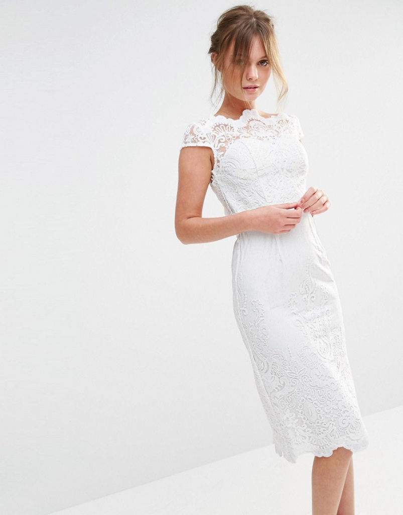 Biele midi čipkované šaty s krátkym rukávom 304Ca