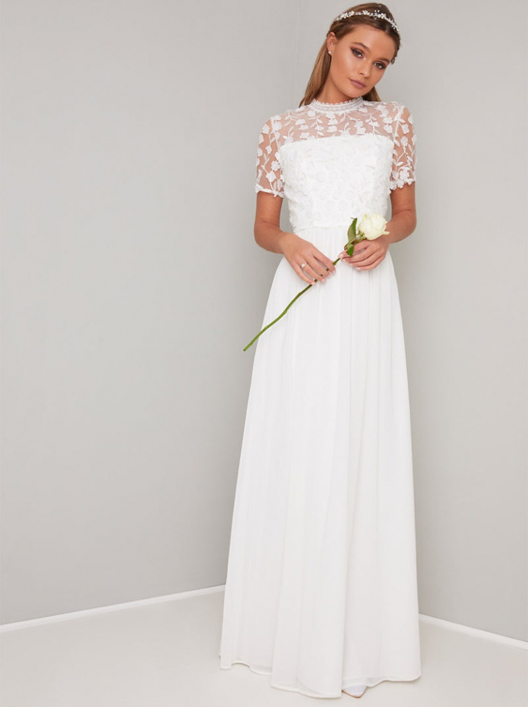 Biele dlhé 3D čipkované svadobné šaty s krátkym rukávom 0312C