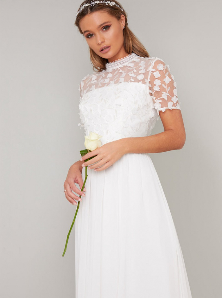 Biele dlhé 3D čipkované svadobné šaty s krátkym rukávom 0312C