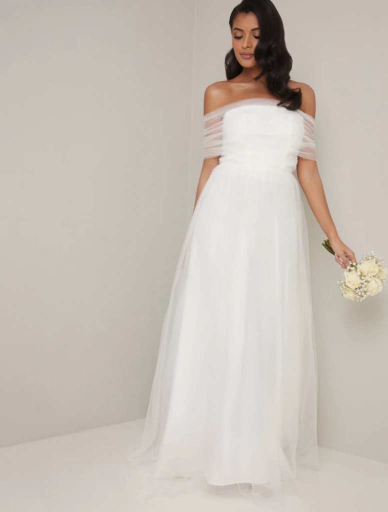 Biele dlhé tylové svadobné šaty s mašľou 0313C