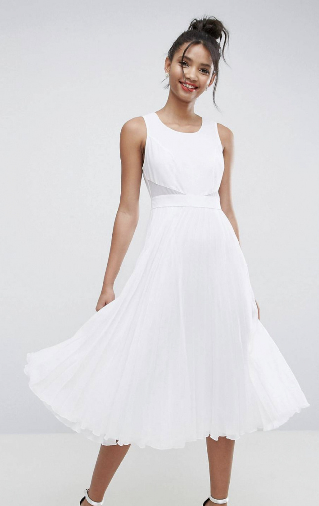 Biele plisované midi šaty s vykrojeným zadným dielom 0317A