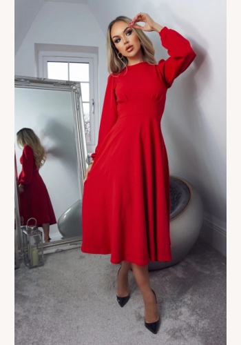 Červené midi šaty s dlhým rukávom a korytnačím krkom 0318MF
