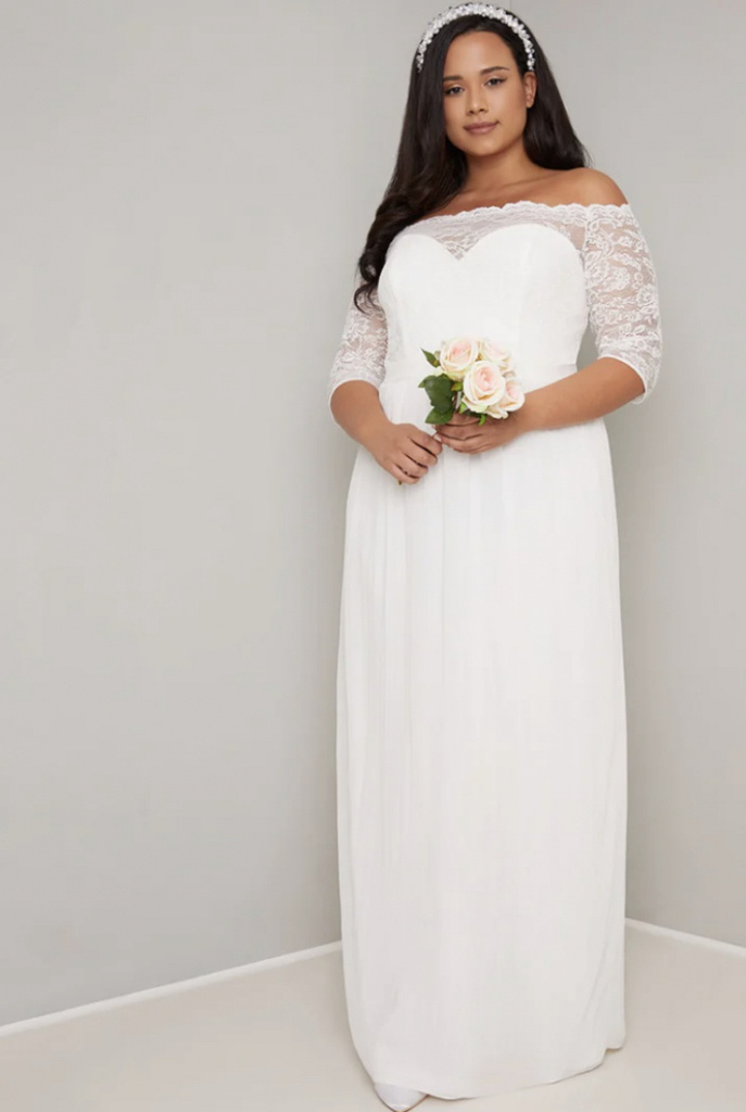 Plus biele dlhé svadobné čipkované bardot šaty 0311Ca