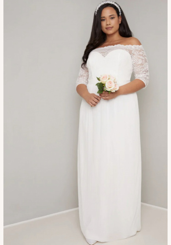 Plus biele dlhé svadobné čipkované bardot šaty 0311Ca