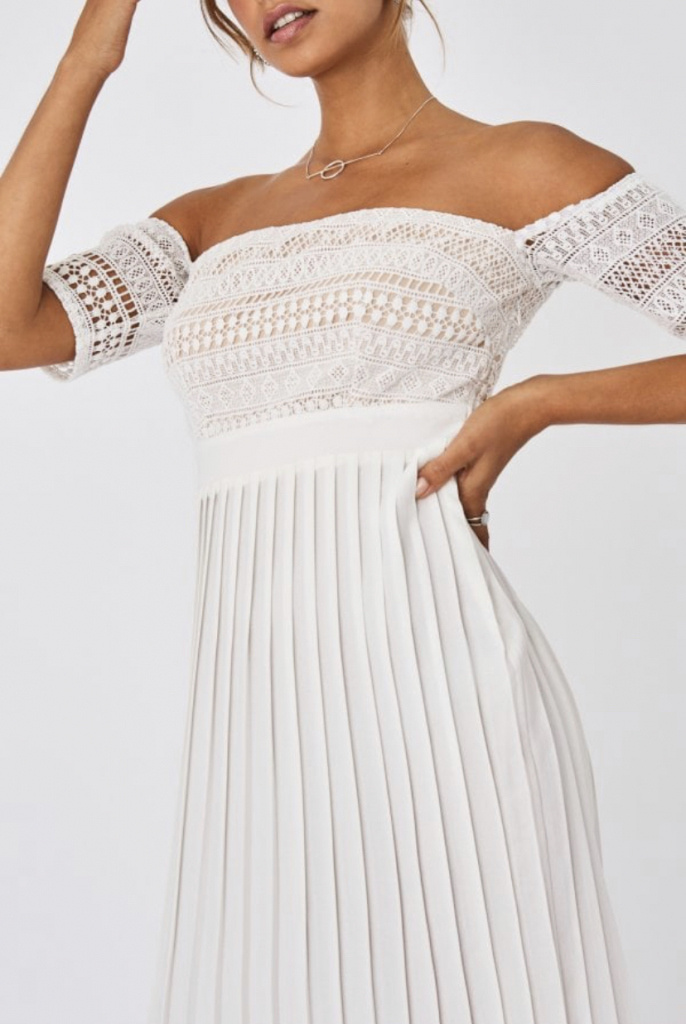 Optické biele háčkované čipkované šaty Bardot Midaxi 0319L