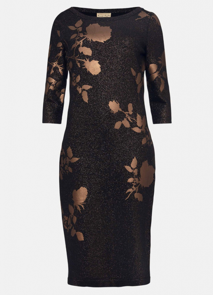 Zlato-čierne midi fóliové kvetinové šaty 0321PE