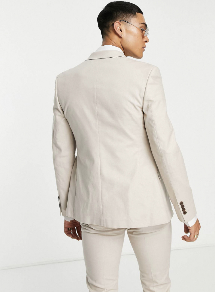 Smotanový pánsky svadobný bavlnený oblek z ľanovej zmesy super skinny 0128A
