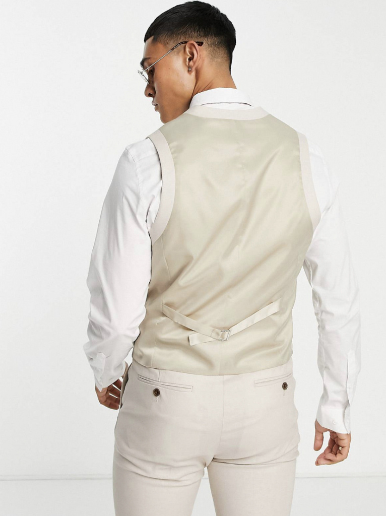 Smotanový pánsky svadobný bavlnený oblek z ľanovej zmesy super skinny 0128A