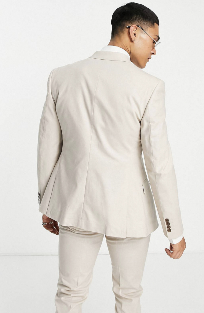 Smotanový pánsky svadobný bavlnený oblek z ľanovej zmesy skinny 0129A