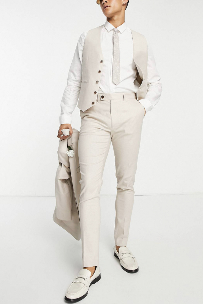 Smotanový pánsky svadobný bavlnený oblek z ľanovej zmesy skinny 0129A