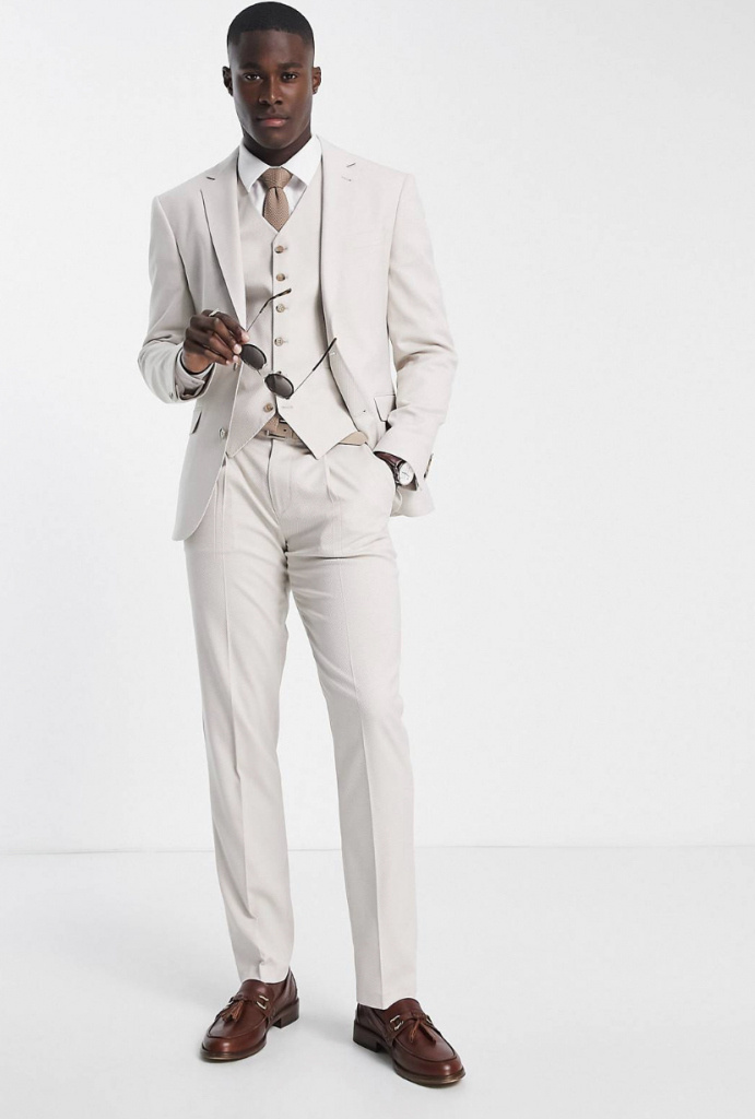 Béžový pánsky prémium oblek s mikro textúrou s obojstranným strečom slim fit 0131ANK