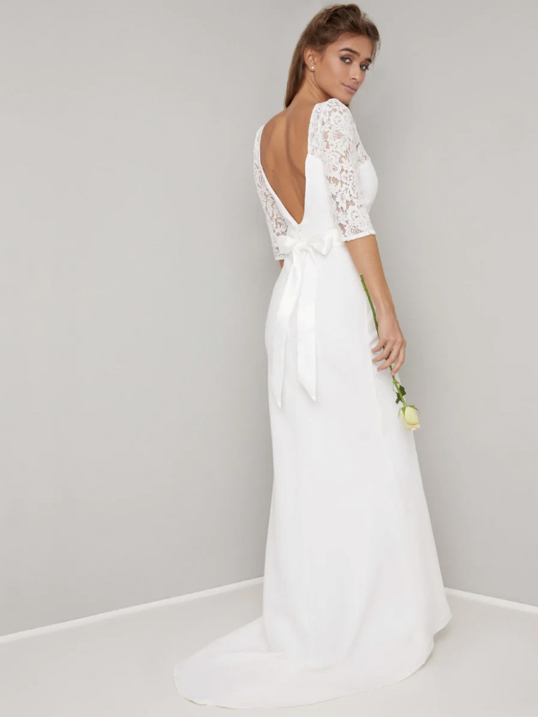 Biele dlhé vyšívané čipkované svadobné šaty 253C