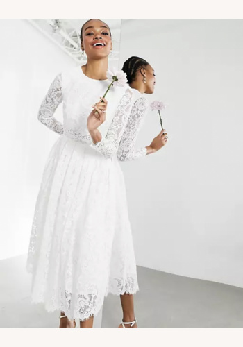 Tall biele midi crop top čipkované svadobné šaty 0310Aa