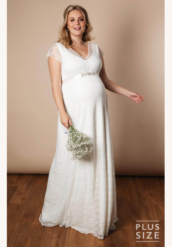 Plus Tiffany Rose bielo-smotanové dlhé tehotenské čipkované šaty s krátkym rukávom 477TRa
