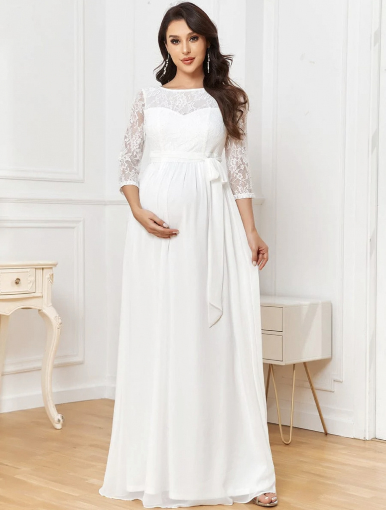 Biele tehotenské šifónové šaty s 3/4 rukávom s okrúhlym výstrihom 478EP