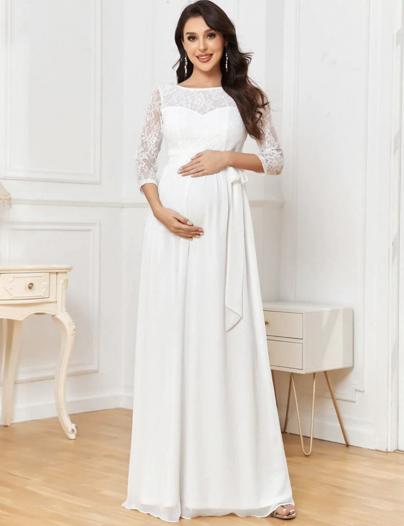 Biele tehotenské šifónové šaty s 3/4 rukávom s okrúhlym výstrihom 478EP