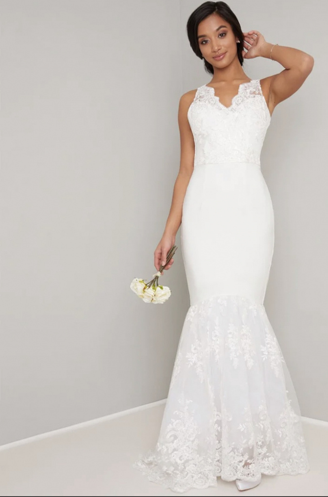 Petite biele dlhé svadobné čipkované šaty morská panna 479C