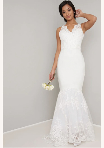 Petite biele dlhé svadobné čipkované šaty morská panna 479C