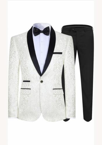 Bielo-smotanový pánsky 2-dielny brokátový smokingový oblek s šálovým golierom s jedným gombíkom 0143AZ